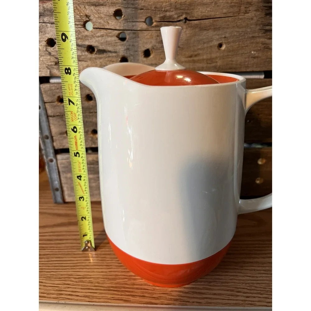 THERMOS VTG Mid Century INSULATED WARE White Orange Hot/Cold Pitcher Carafe Lid‎